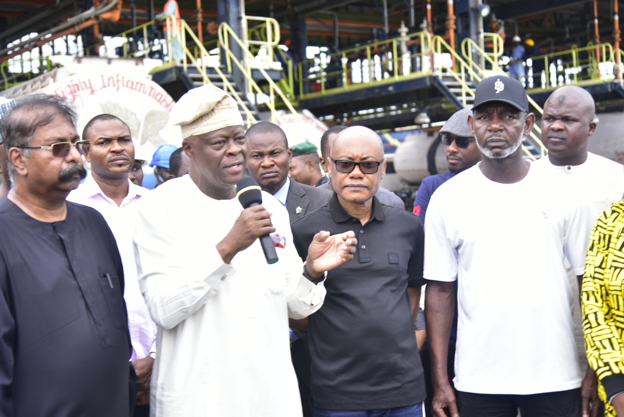 L--R, Vice president Oil & Gas, Dangote Industries Ltd, Devakumar Edwin, Minister of Finance, Oluwale Edun, Vice president Business Unity, Dangote Industries Ltd, Olakunle Alake, Chairman MRS Oil & Gas, Sayyu Dantata, at the Flag Off of Petroleum Motor Sprint (PMS) product (Petrol) from the Dangote Petroleum Refinery, Lekki Lagos on Sunday, September 15, 2024