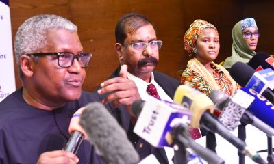 L-R: President/CE, Dangote Industries Limited Aliko Dangote; Vice President, Oil & Gas, Dangote Industries Limited, Devakumar Edwin; Group Executive Director, Commercial Operations, Dangote Industries Limited, Fatima Aliko Dangote; Executive Director, Operations, Dangote Sugar Refinery Plc, Mariya Aliko Dangote at the World Press Conference by Dangote on the expansion of Dangote Petroleum Refinery and Petrochemicals from 650,000bpd to 1.4M bpd in Lagos on Sunday, October 26, 2025.