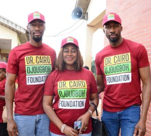 L-R: Son of the late Dr, Cairo Ojougboh, Mr. Nkem Ojougboh; Chairperson, Dr. Cairo Ojougboh Foundation, Mrs. Bose Ojougboh and another son, Mr. Orieka Ojougboh, during the event in Agbor, Delta State recently.